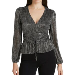 NEW Metallic Peplum Black Silver Top Valentines Day Party Cocktail Blouse Large